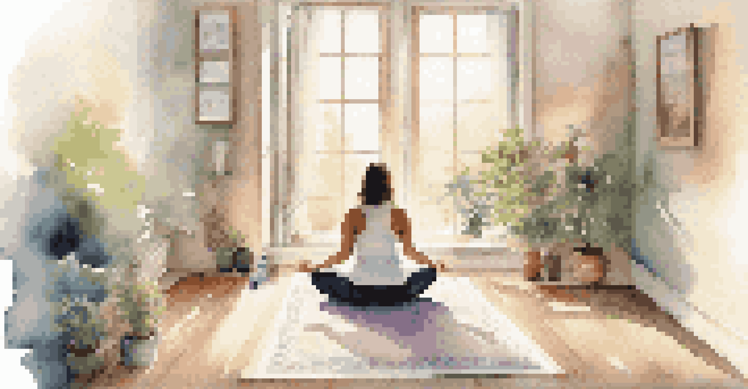 A tranquil meditation space with a yoga mat, essential oils, and a serene person meditating, surrounded by natural light.