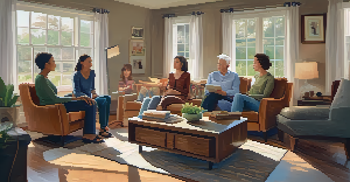 A multi-generational family gathering in a cozy living room discussing health history, with a family tree drawn on a notepad on the table.
