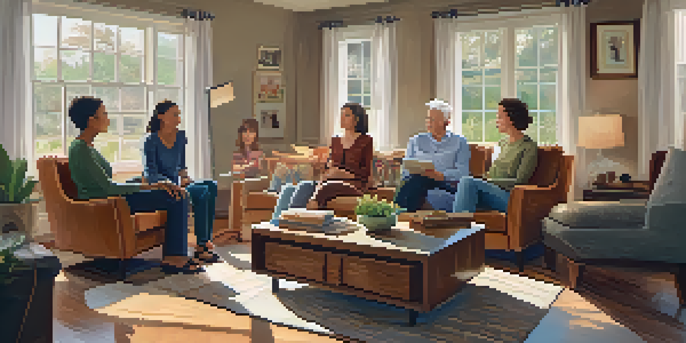 A multi-generational family gathering in a cozy living room discussing health history, with a family tree drawn on a notepad on the table.