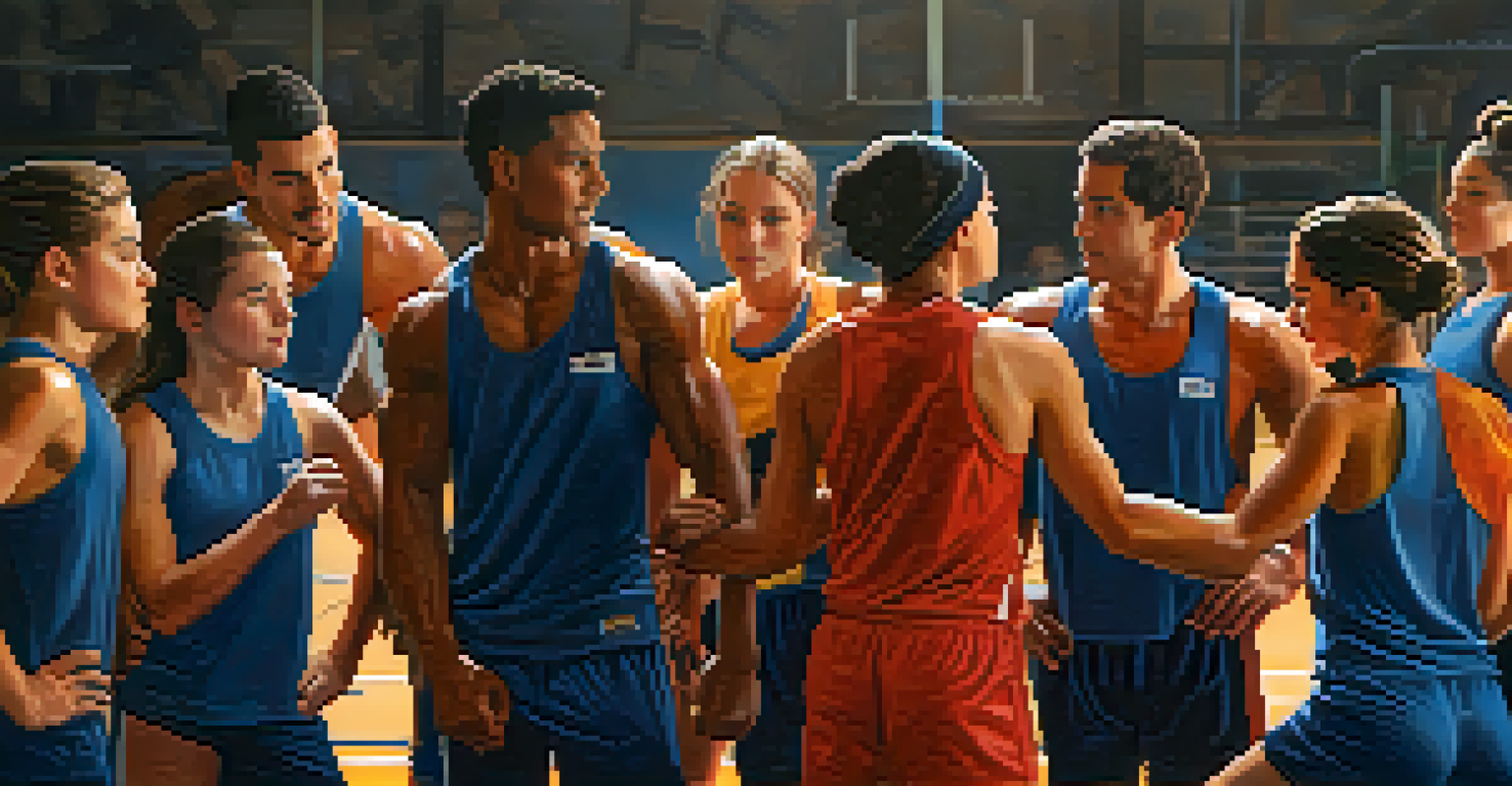 A group of athletes in a supportive huddle, sharing encouragement in a bright gym setting filled with training equipment.