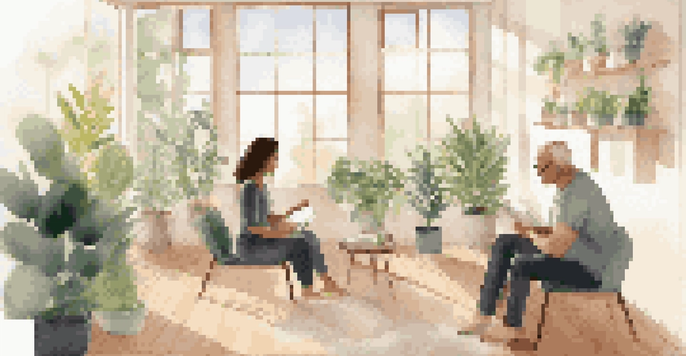 A wellness coach and client engaged in a supportive conversation in a bright room filled with plants and natural light.