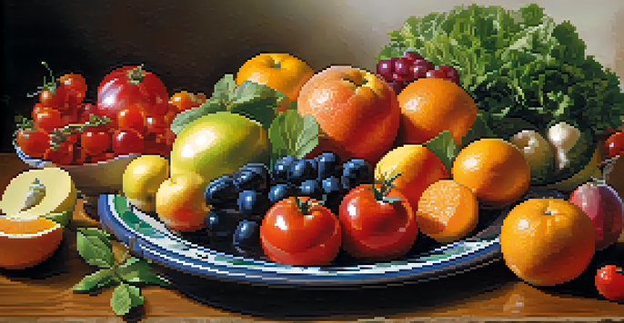 A colorful assortment of seasonal fruits and vegetables on a wooden table, showcasing freshness and variety.