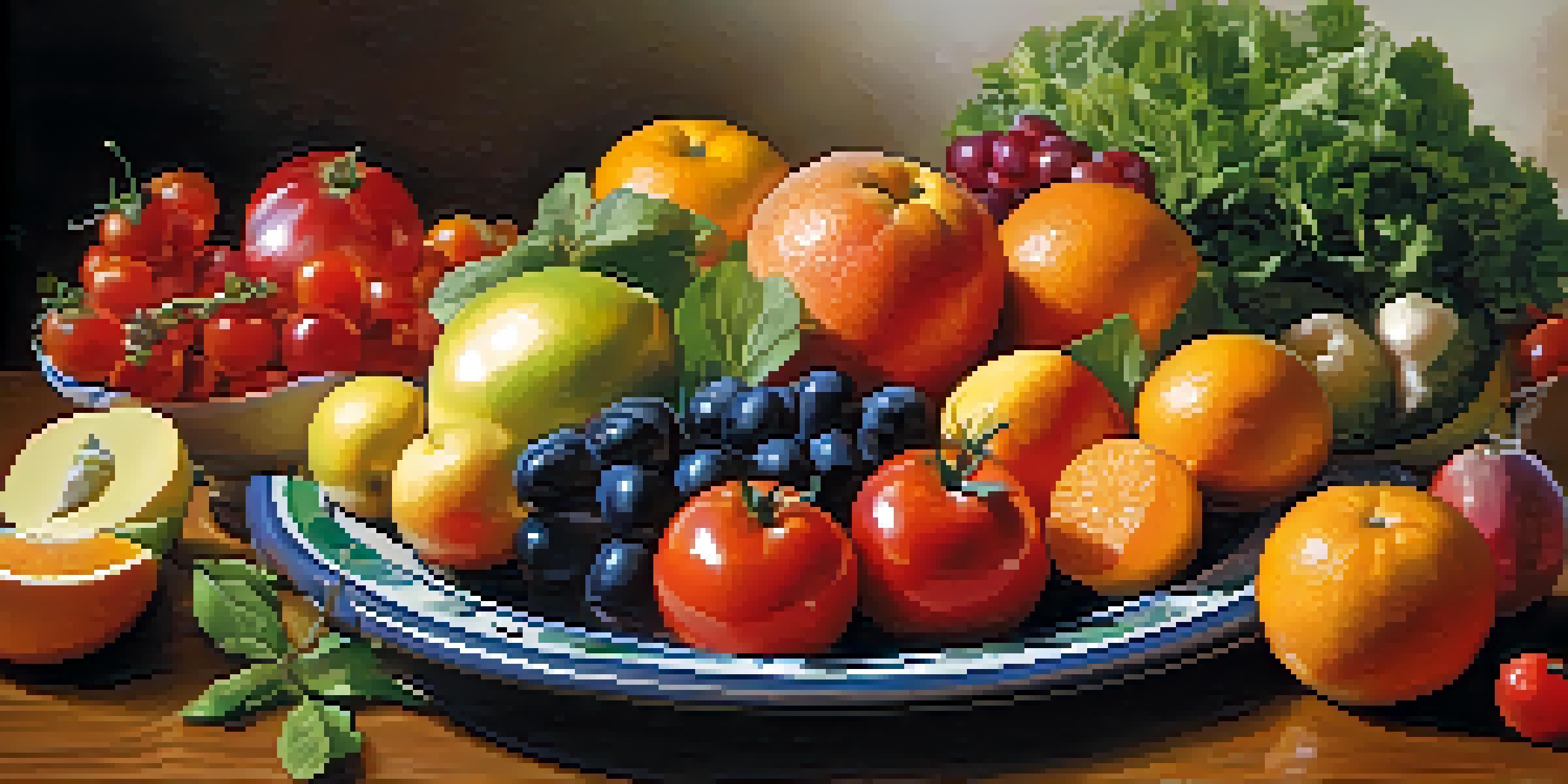 A colorful assortment of seasonal fruits and vegetables on a wooden table, showcasing freshness and variety.
