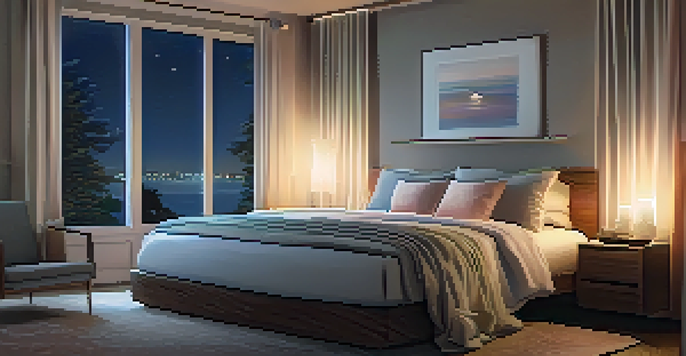 A peaceful bedroom with a neatly made bed, soft pastel bedding, dimmable lights, and a bedside table with a candle and a book.