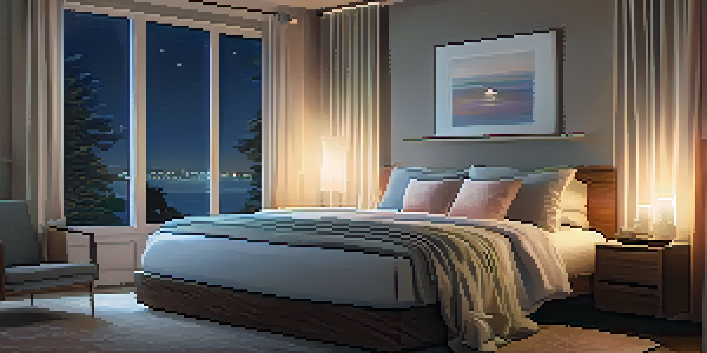 A peaceful bedroom with a neatly made bed, soft pastel bedding, dimmable lights, and a bedside table with a candle and a book.