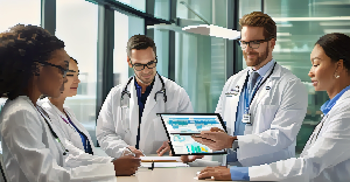 A diverse group of healthcare professionals collaborating around a digital tablet in a modern hospital conference room, discussing electronic health records.