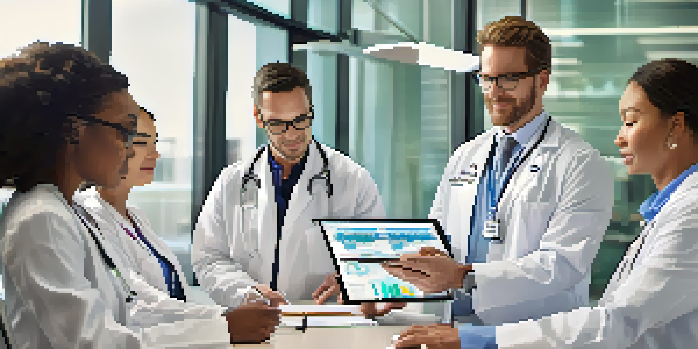 A diverse group of healthcare professionals collaborating around a digital tablet in a modern hospital conference room, discussing electronic health records.