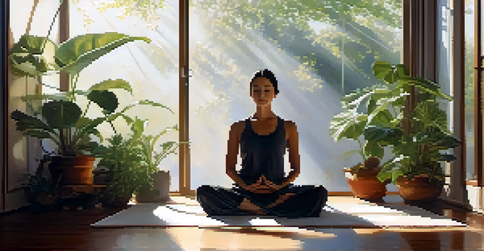 A person meditating peacefully in a sunlit room filled with plants, showcasing calmness and tranquility.