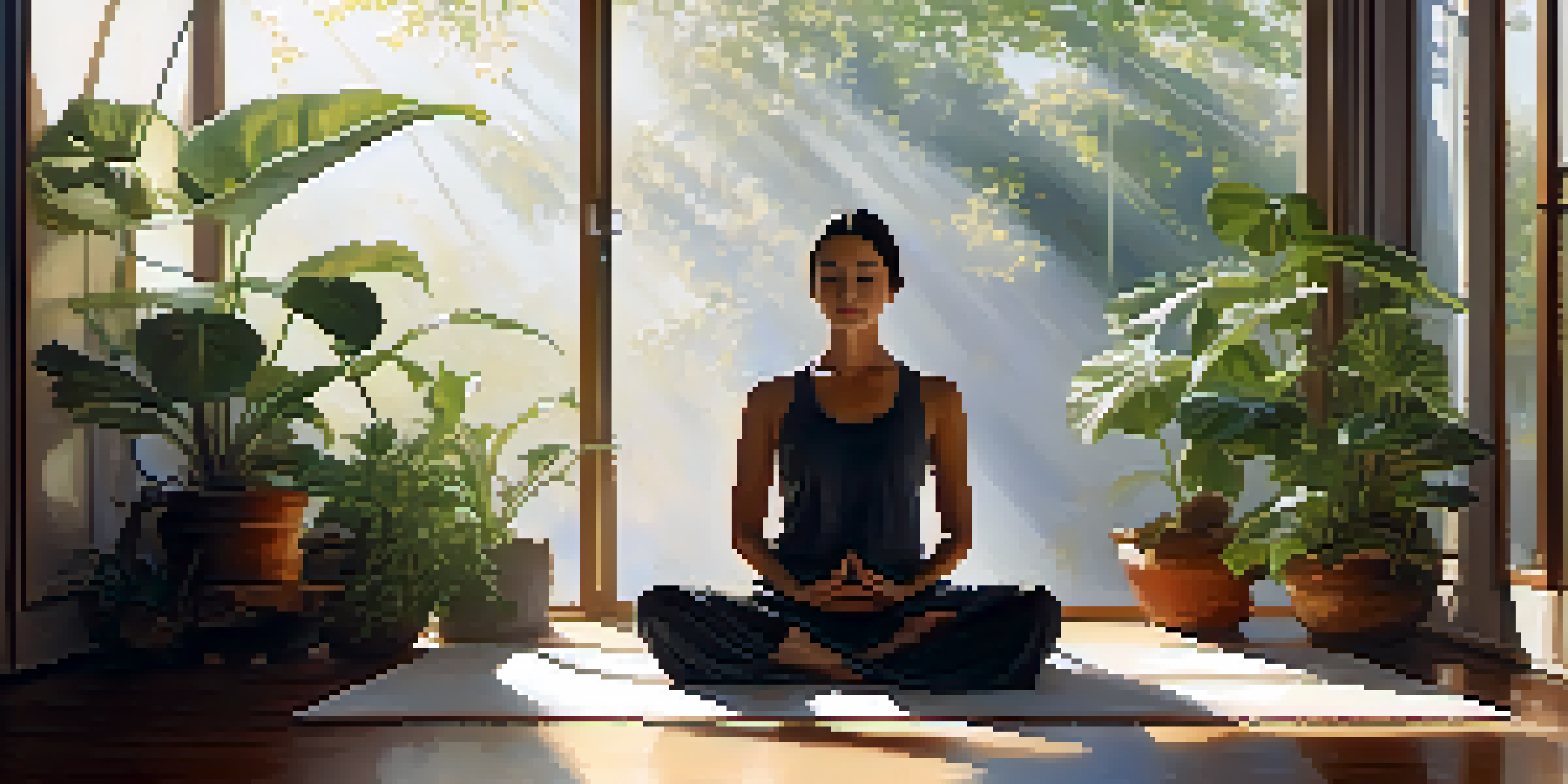 A person meditating peacefully in a sunlit room filled with plants, showcasing calmness and tranquility.