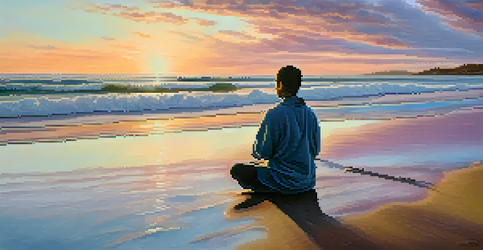 A person meditating on the beach at sunrise, with gentle waves and a colorful sky.