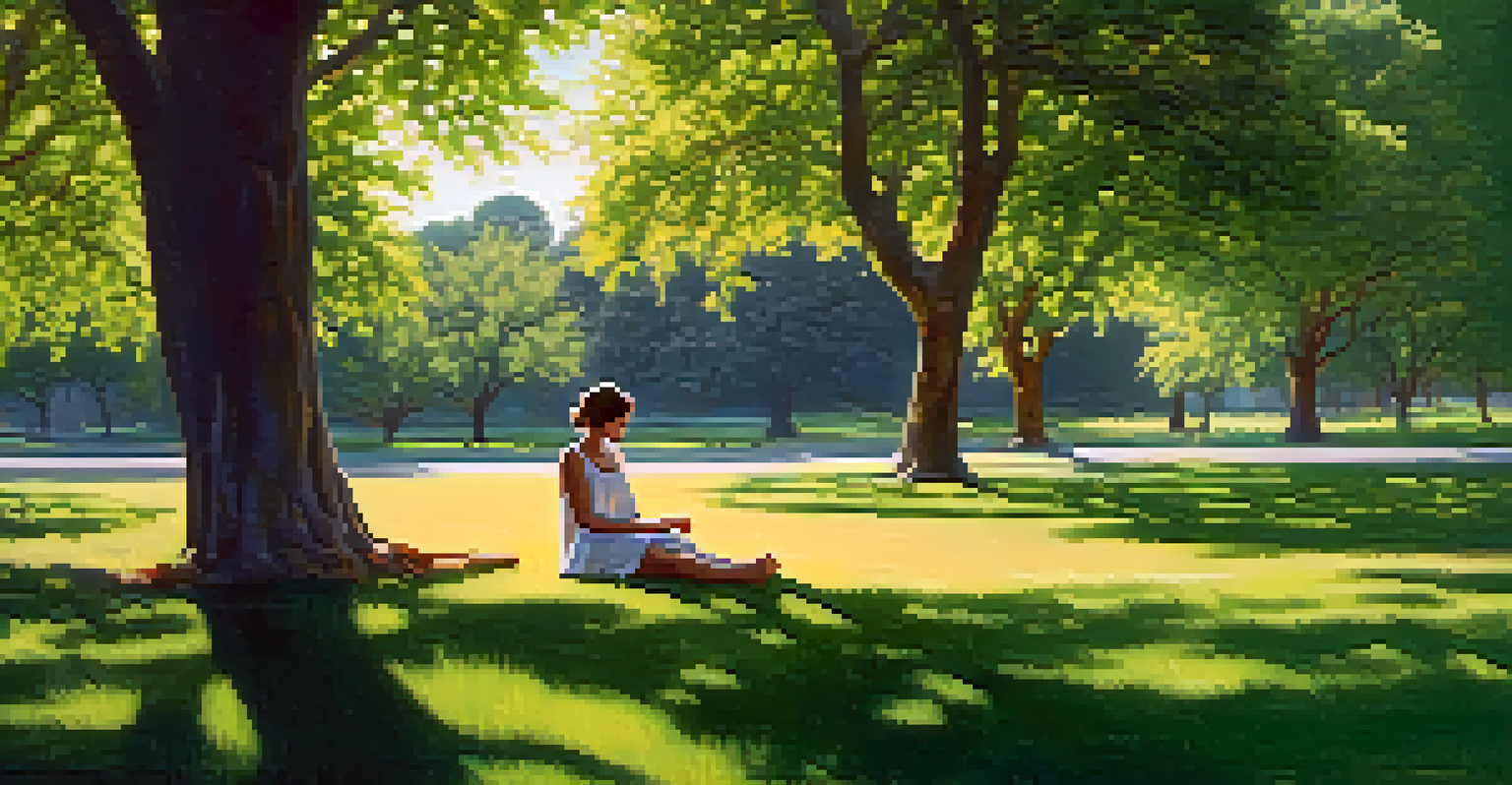 A person walking barefoot on a green lawn, pausing to observe a blooming flower, surrounded by trees and sunlight.