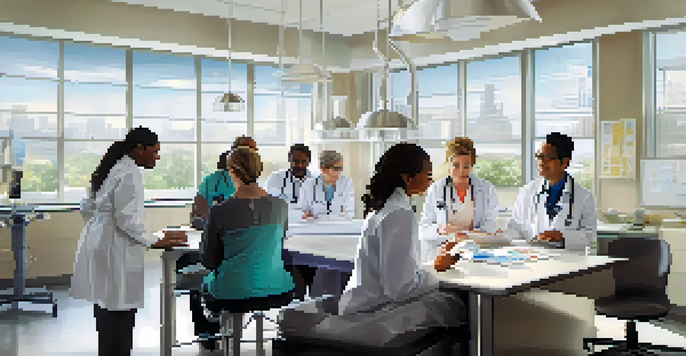 A diverse group of healthcare professionals discussing a treatment plan in a modern clinic with charts and medical equipment.