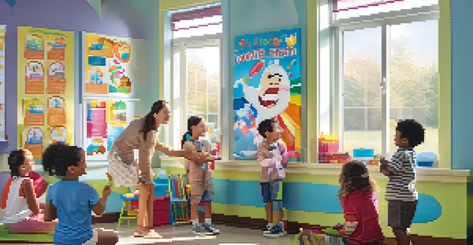 A classroom filled with children learning about oral health, with a teacher demonstrating brushing techniques and colorful educational posters on the walls.