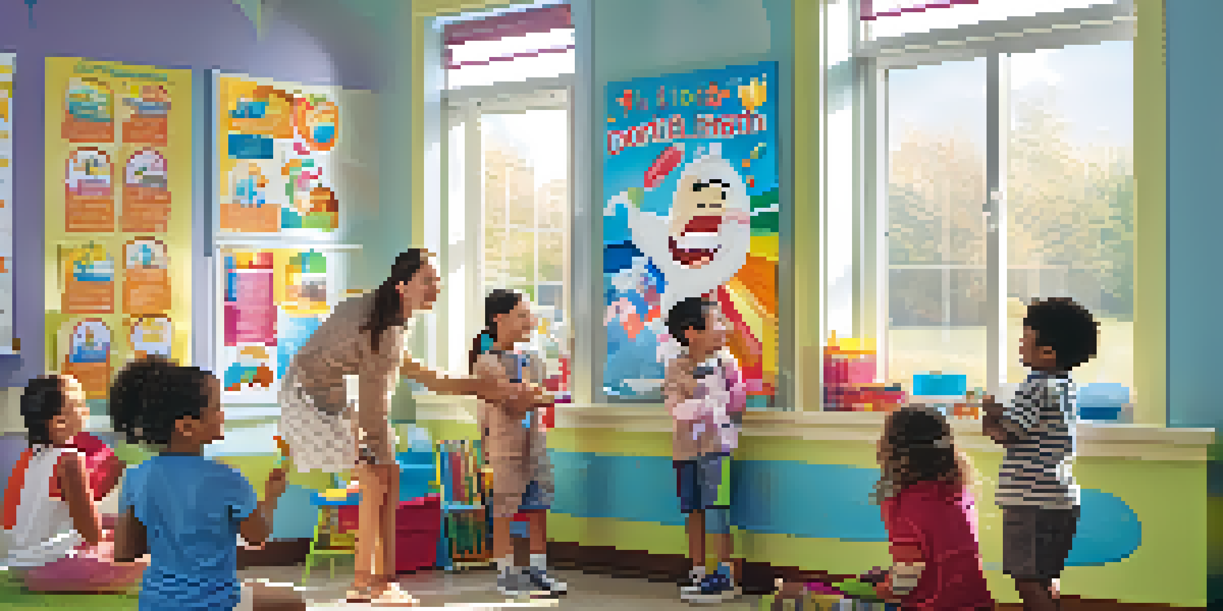 A classroom filled with children learning about oral health, with a teacher demonstrating brushing techniques and colorful educational posters on the walls.