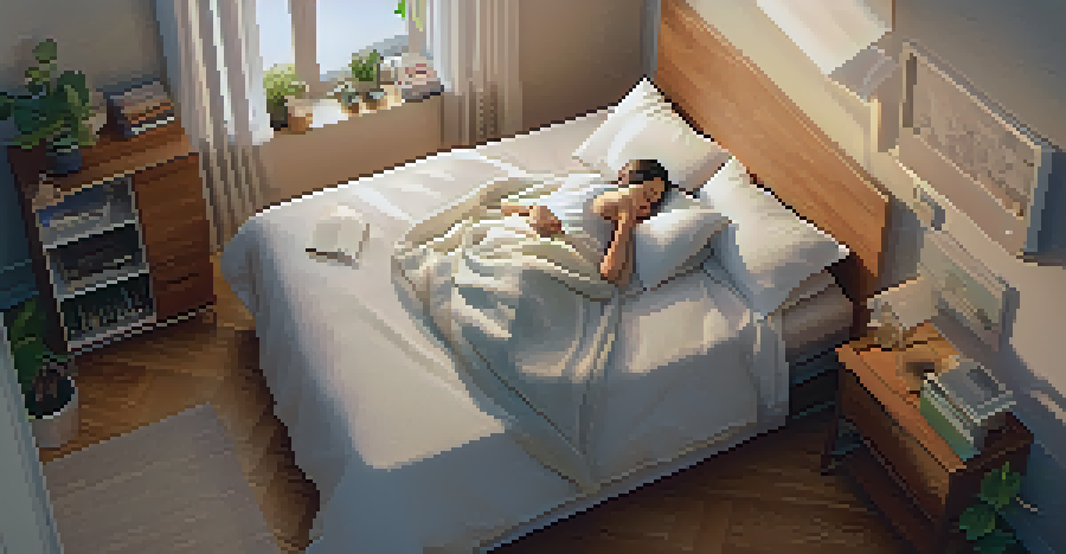 An aerial view of a person sleeping in a tidy bedroom with a digital sleep tracking device nearby.