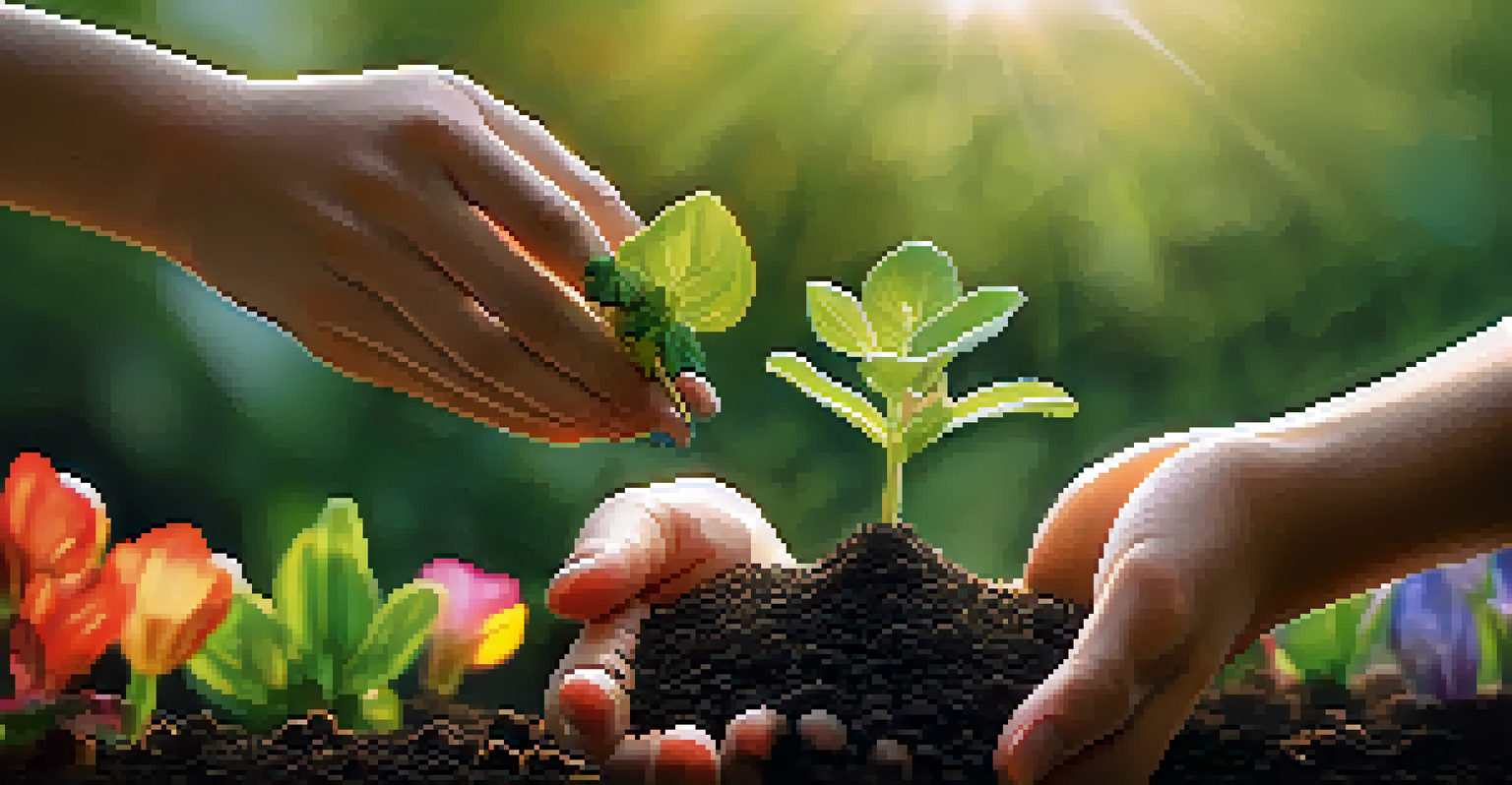 Close-up of hands nurturing a young plant in sunlight, with a blurred garden background.