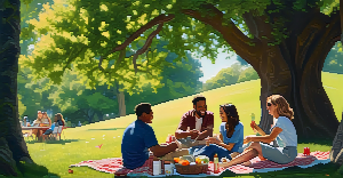 A diverse group of friends having a joyful picnic in a sunny park, with an oak tree providing shade and colorful flowers around them.