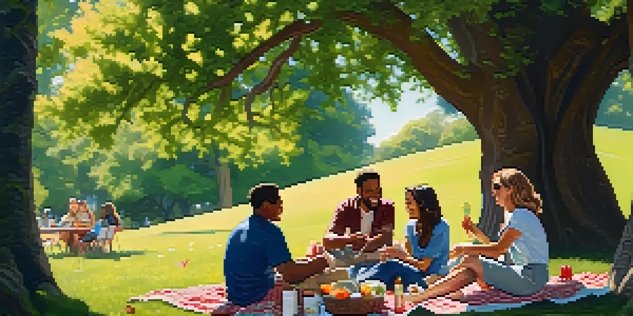 A diverse group of friends having a joyful picnic in a sunny park, with an oak tree providing shade and colorful flowers around them.