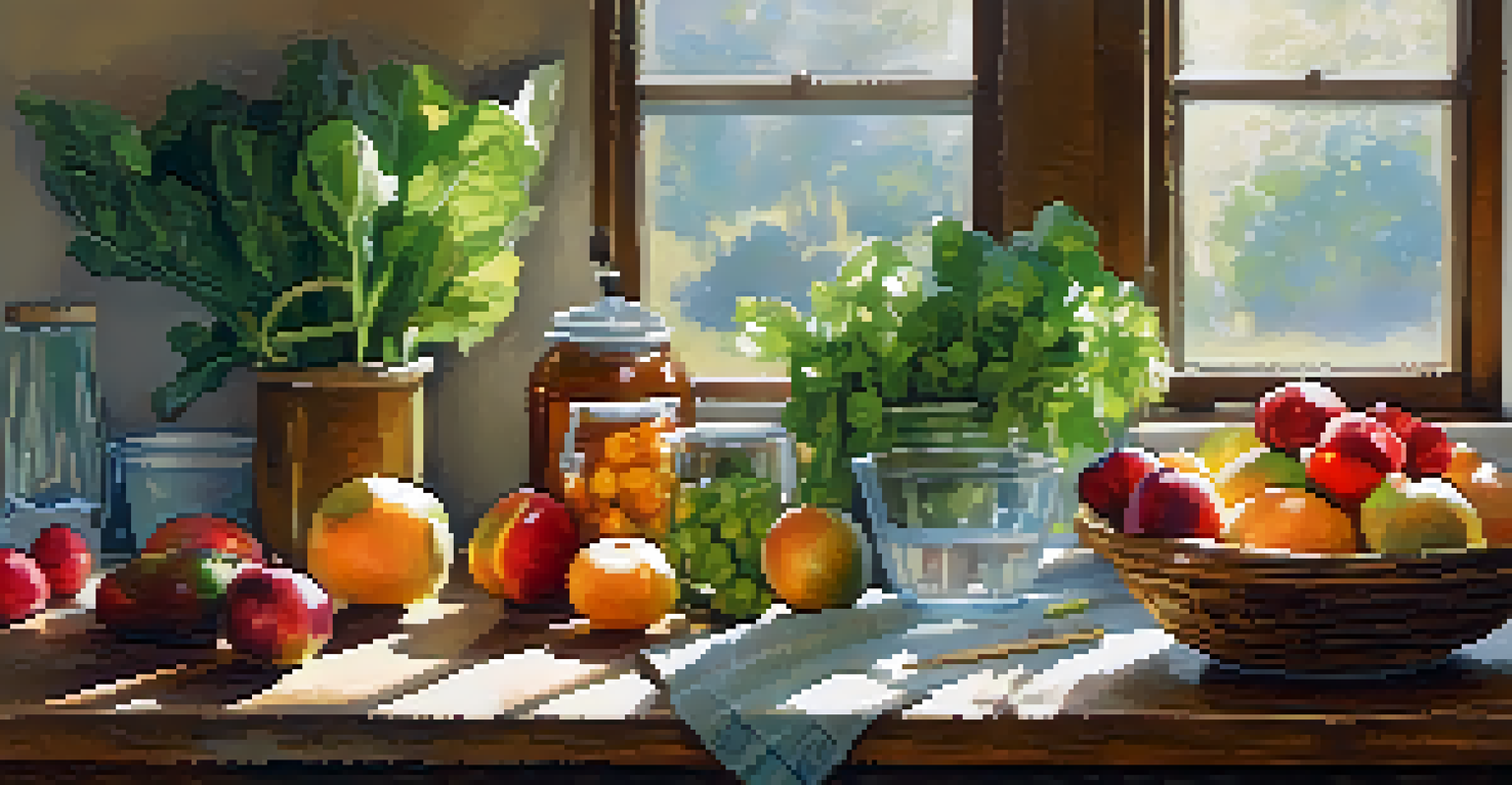 A rustic kitchen table with fresh fruits and vegetables, a glass of water, and a journal for mindfulness.