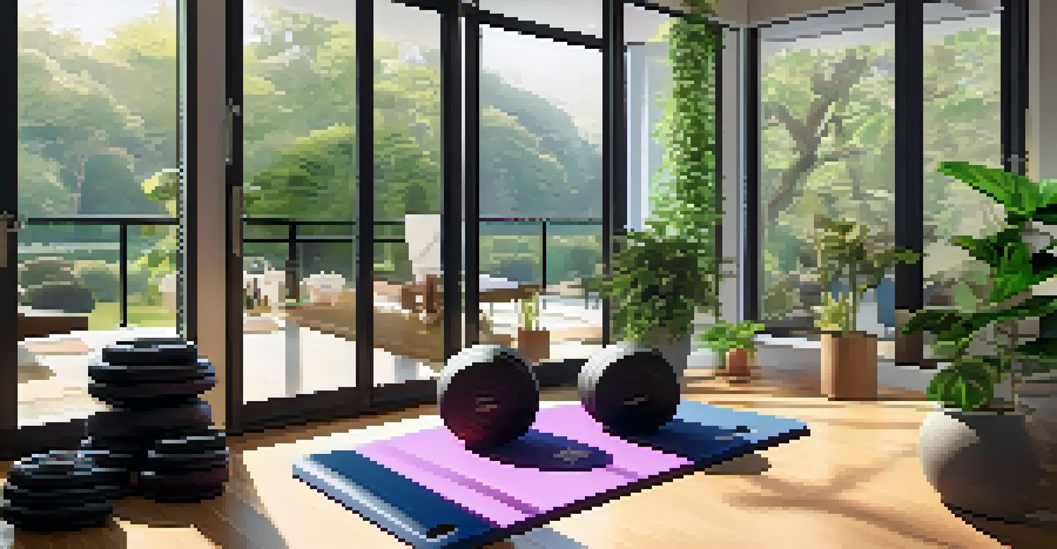 A sunlit home gym with exercise equipment and a view of a garden.