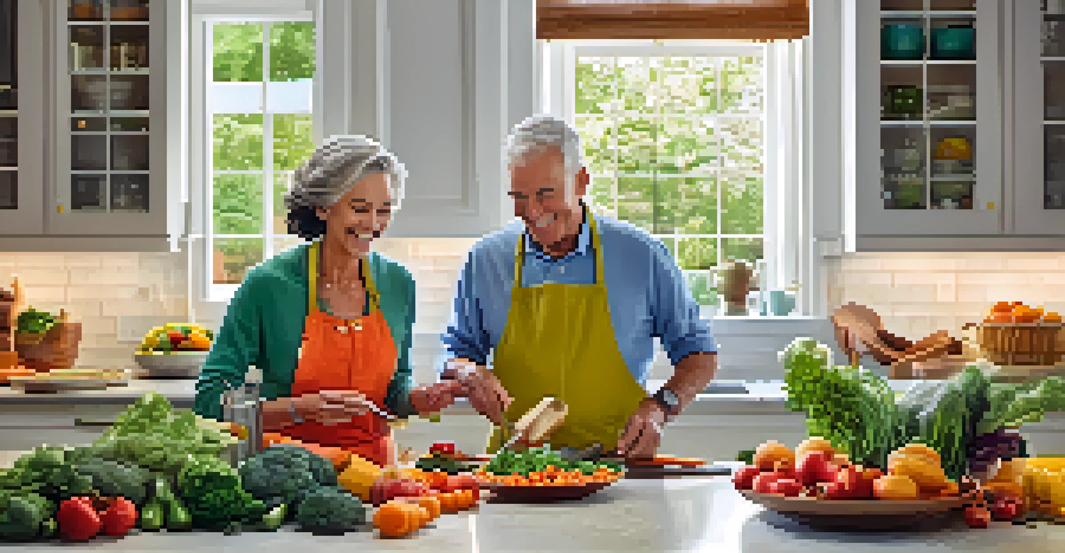 An older couple joyfully cooking together in a bright kitchen, surrounded by fresh ingredients and a beautifully set dining table, symbolizing nutrition and companionship.
