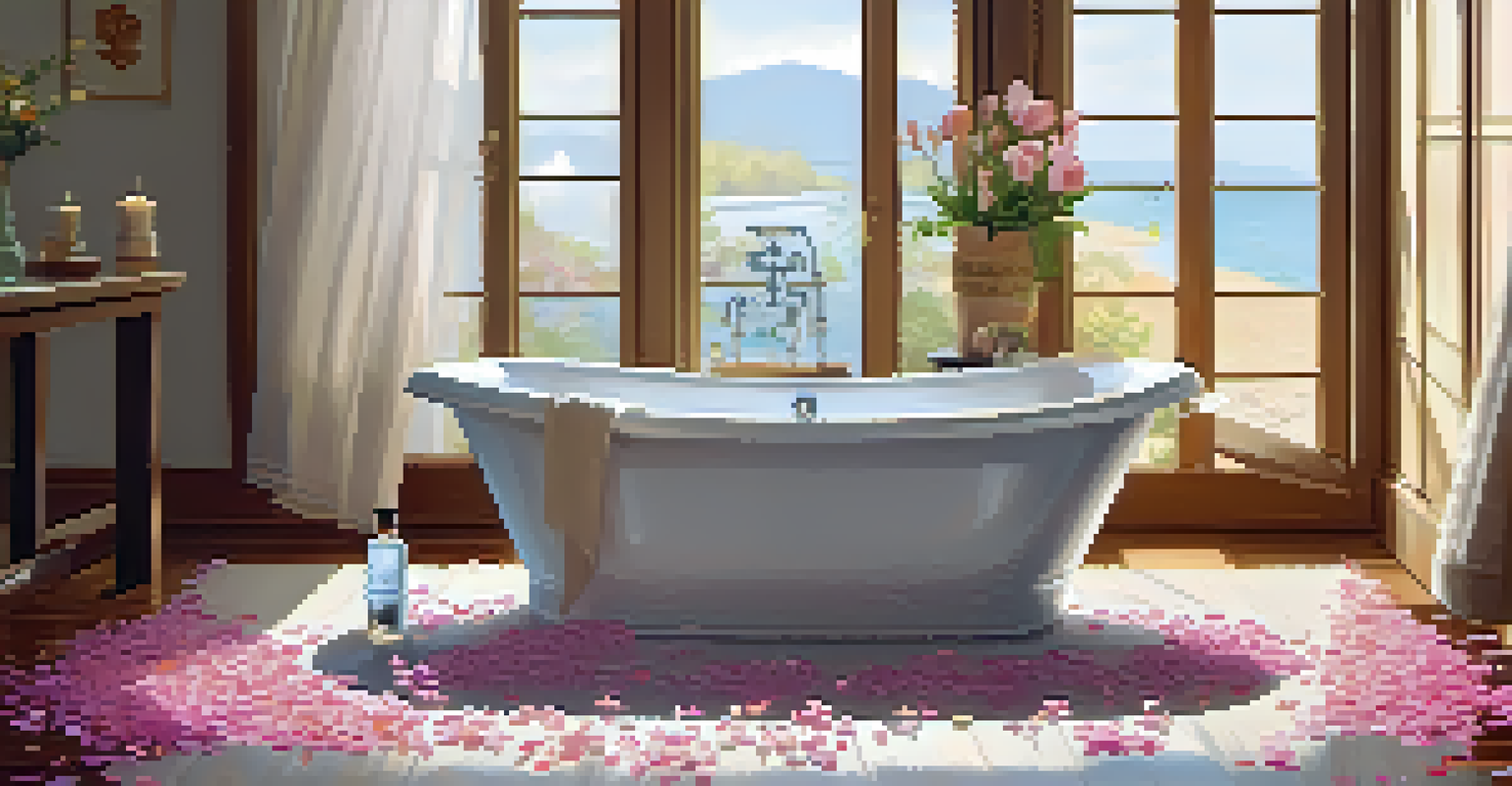 A relaxing bath scene with a tub filled with water and flower petals, alongside a bottle of essential oil, illuminated by soft natural light.