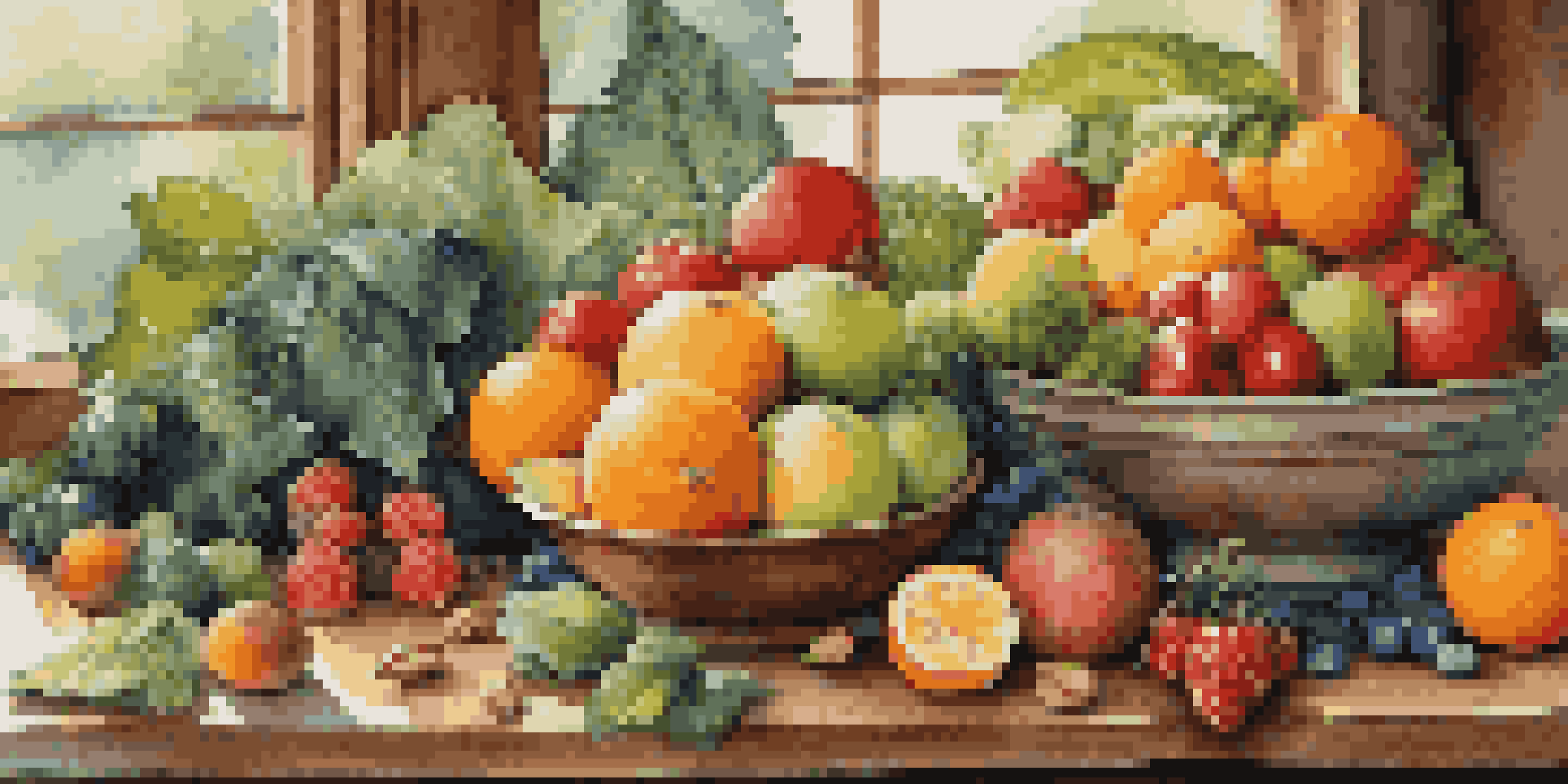 A colorful assortment of fresh fruits and vegetables on a wooden table, emphasizing nutrition.