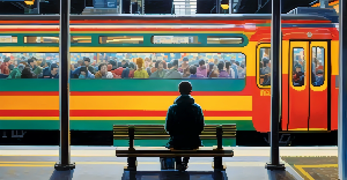 A person sitting peacefully on a bench amidst a busy train station, practicing mindfulness while surrounded by blurred commuters and colorful lights.