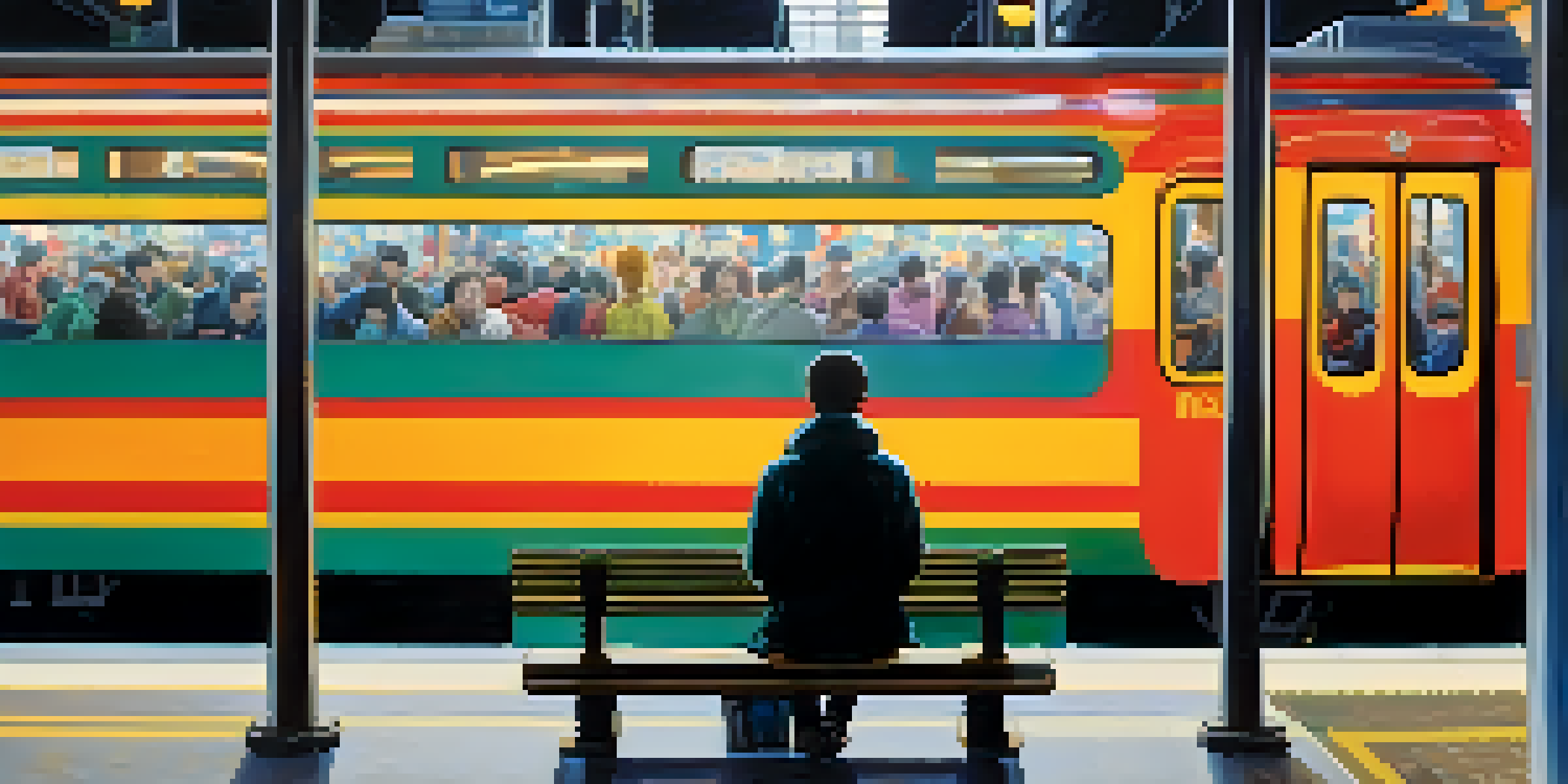 A person sitting peacefully on a bench amidst a busy train station, practicing mindfulness while surrounded by blurred commuters and colorful lights.