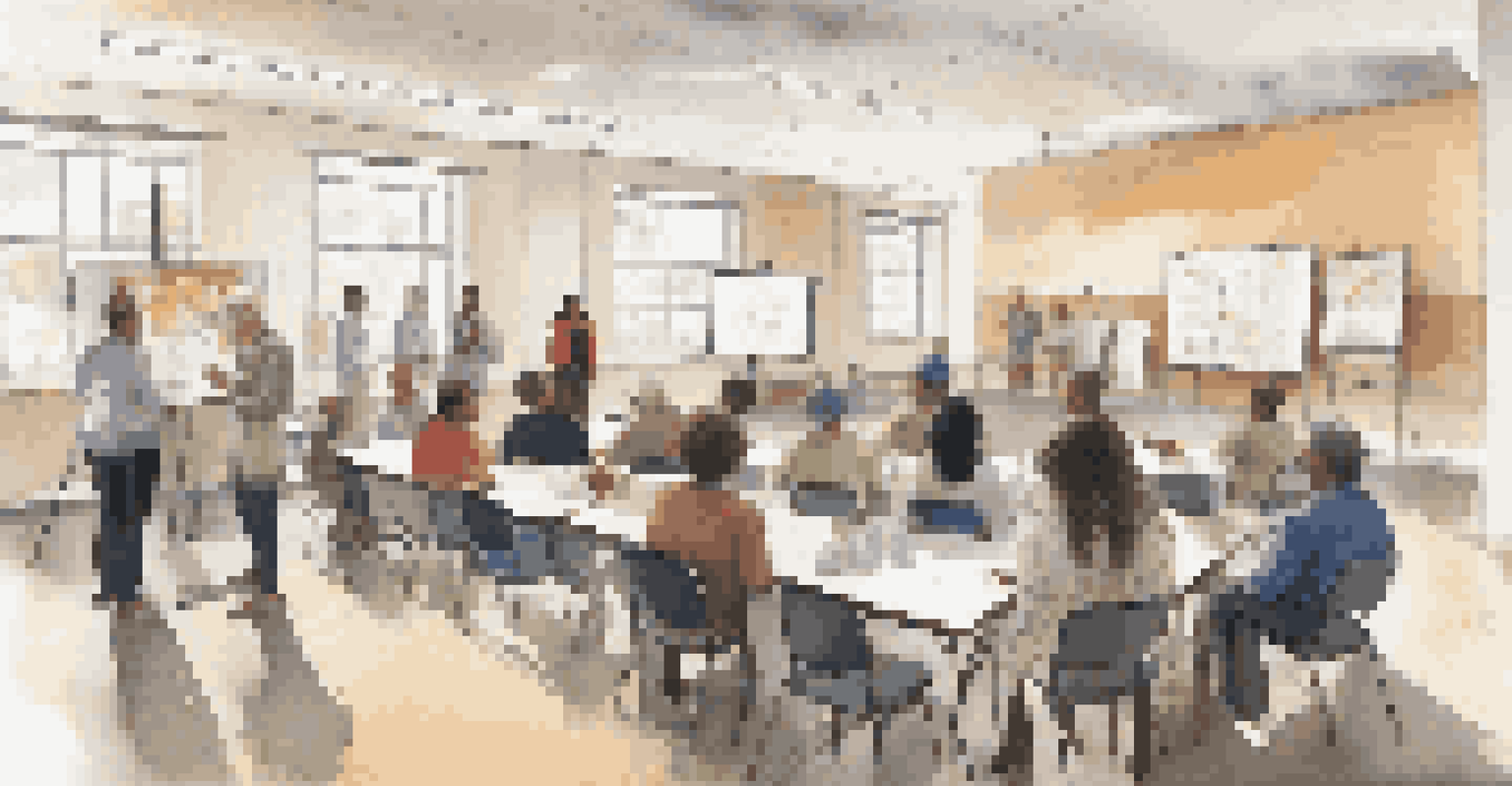A workshop in a community center with people listening to a health educator, taking notes and engaging in discussion.