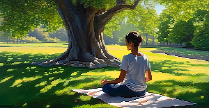 A person meditating in a peaceful garden surrounded by flowers and sunlight.