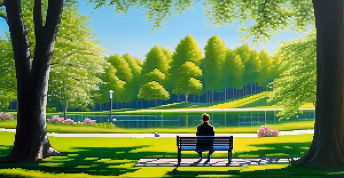 A peaceful park scene with a person practicing mindfulness on a bench surrounded by greenery and flowers under a blue sky.