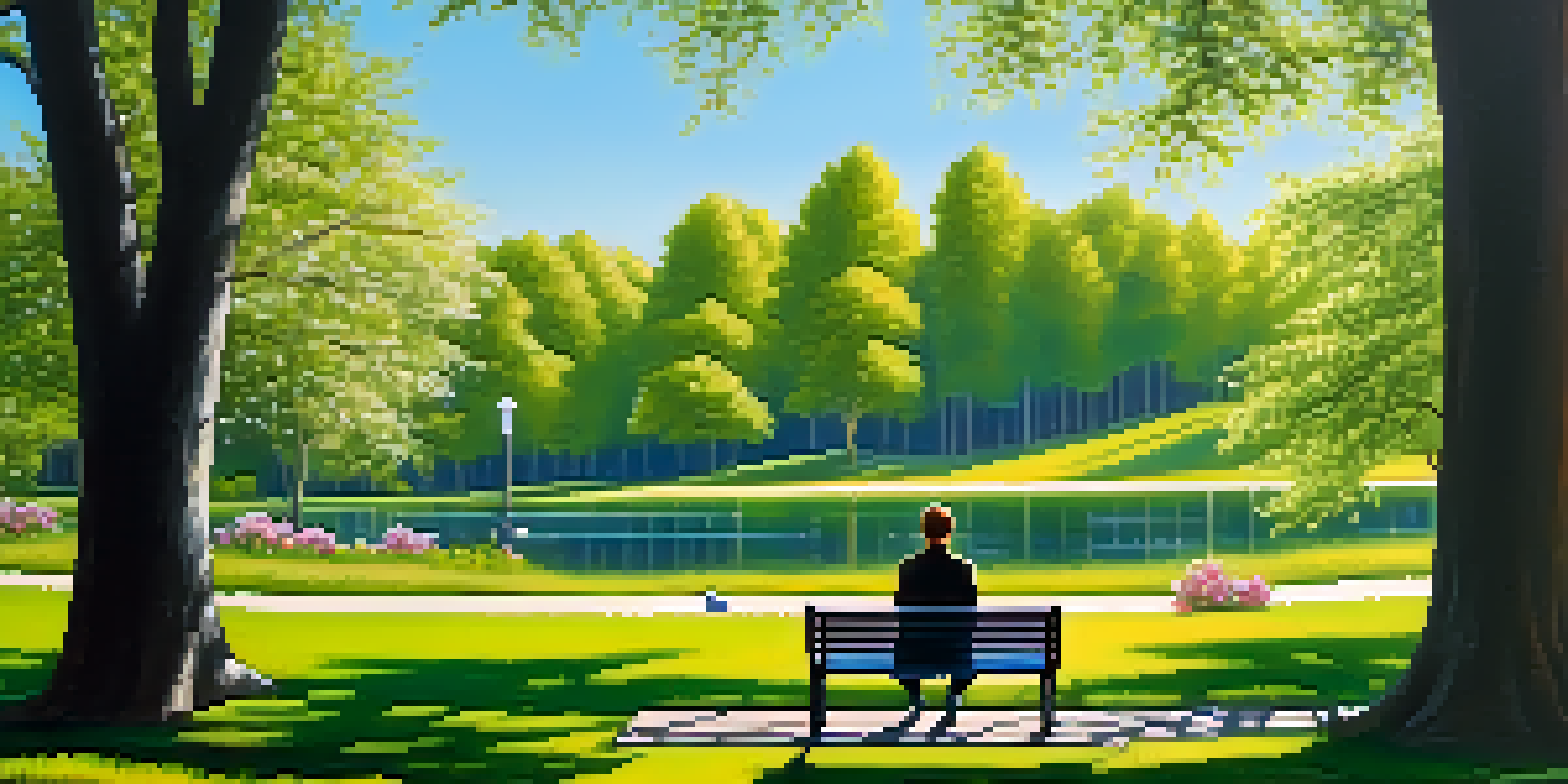A peaceful park scene with a person practicing mindfulness on a bench surrounded by greenery and flowers under a blue sky.