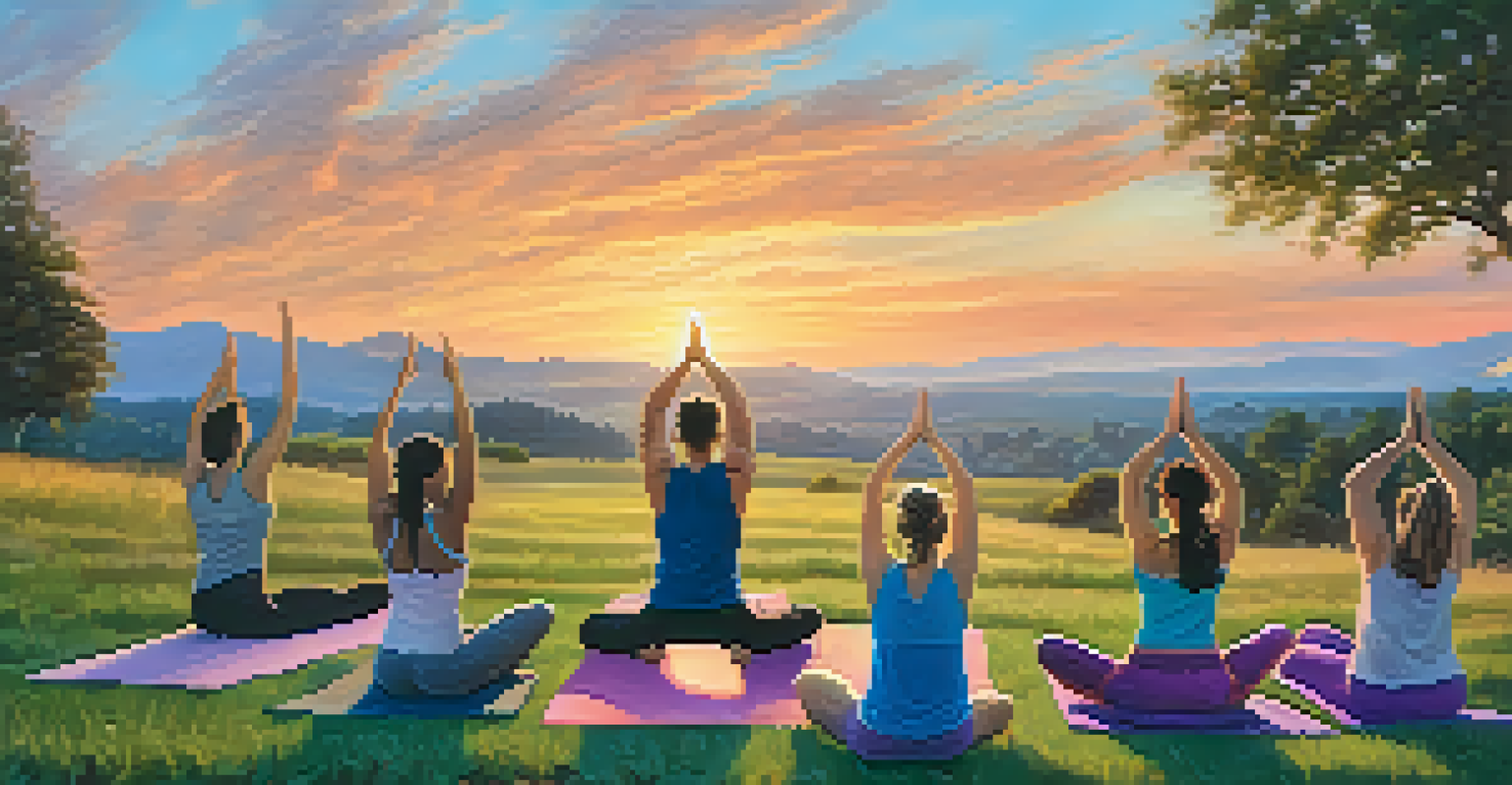 A group of friends practicing yoga outdoors at sunrise, with vibrant skies and rolling hills in the background.