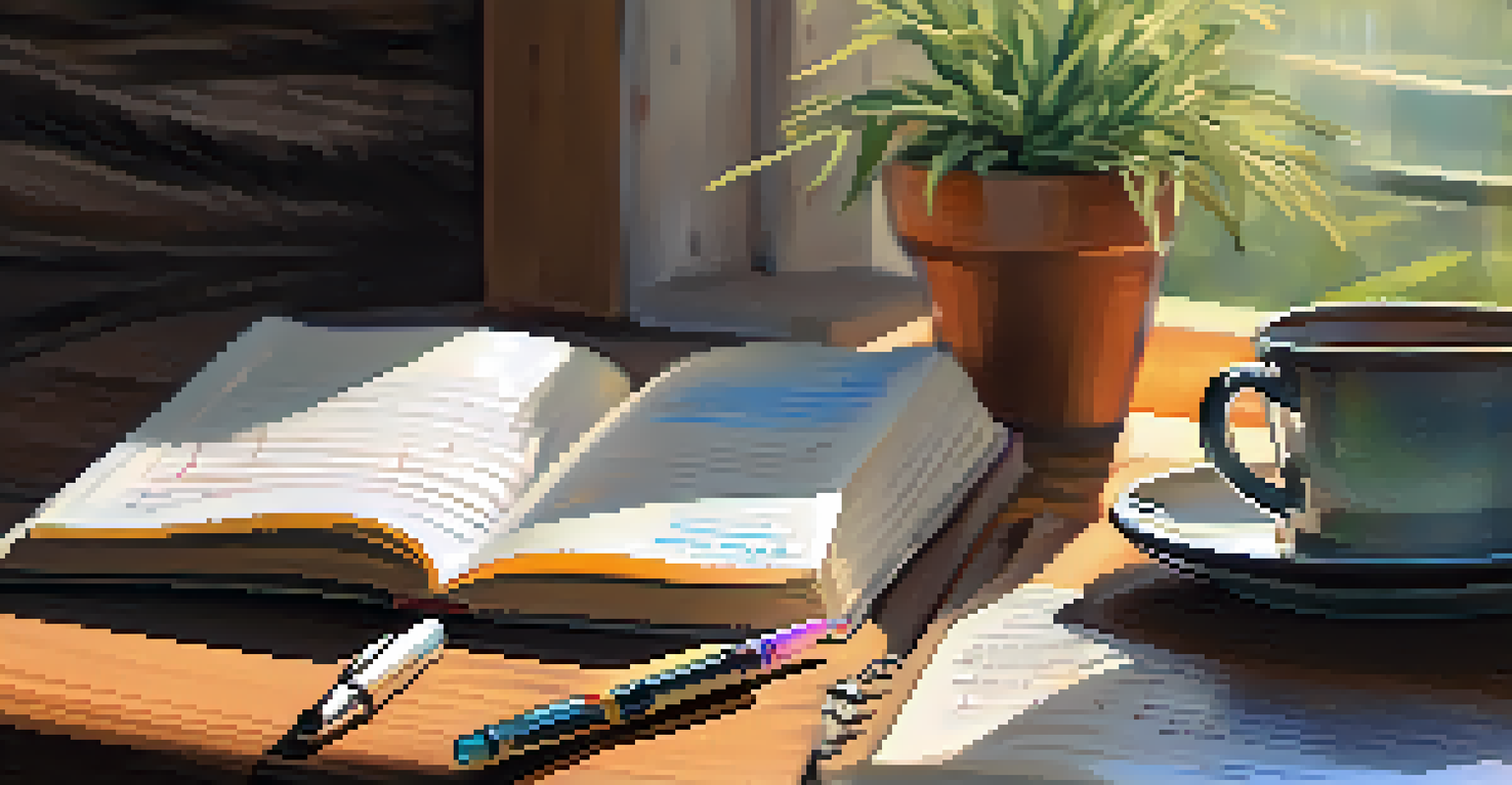 An open journal with handwritten notes on mindfulness, surrounded by pens and a plant on a wooden table.