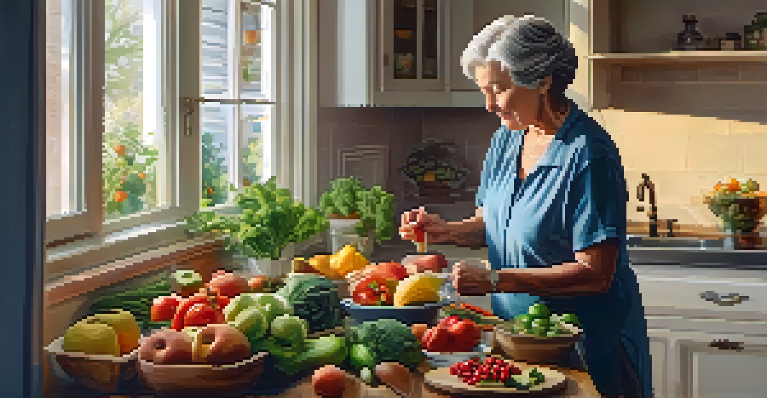 A senior woman in a kitchen preparing a healthy meal with fresh fruits and vegetables, illuminated by warm sunlight.