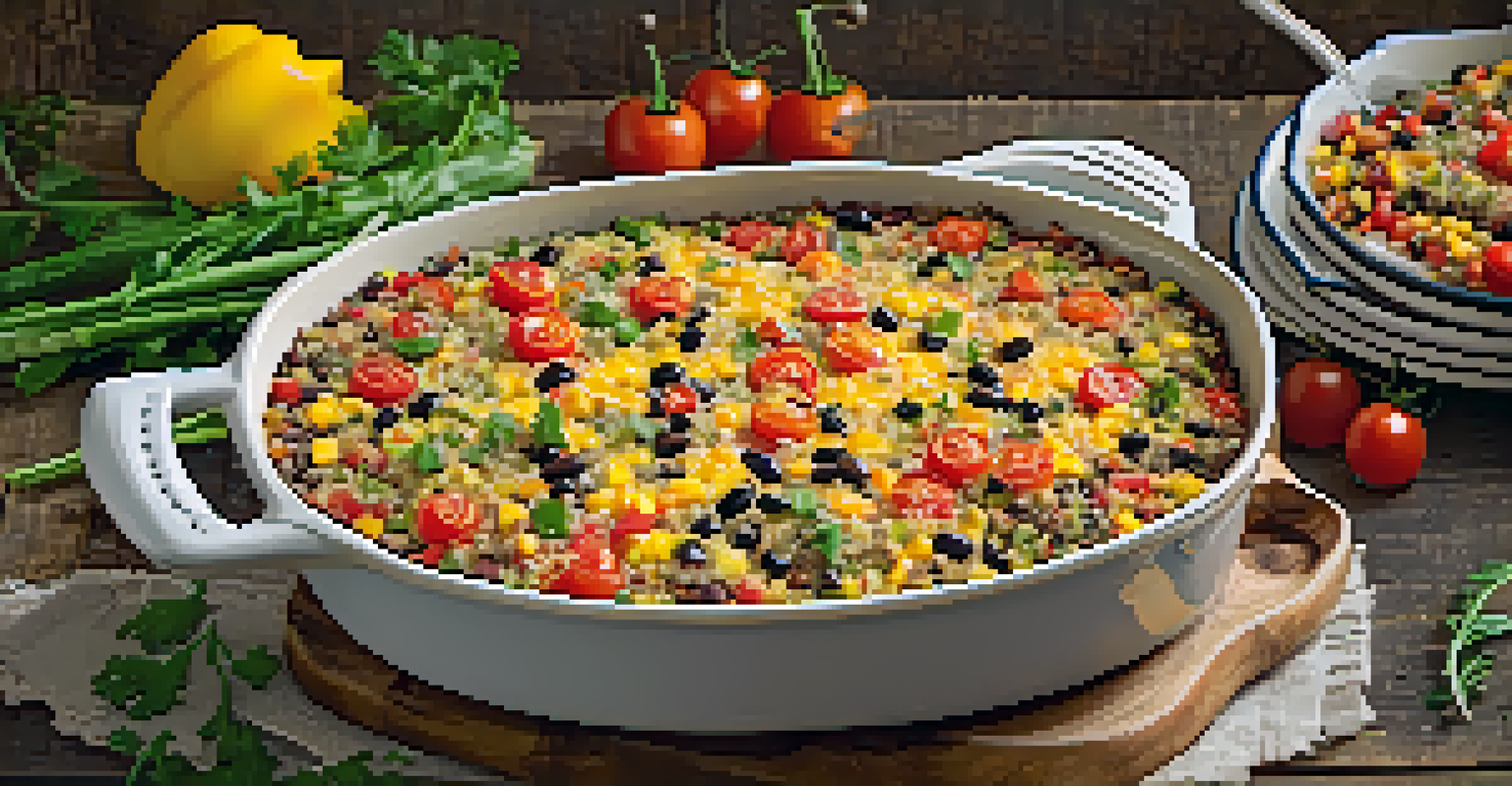 A Vegetarian Quinoa Casserole with a mix of quinoa, black beans, corn, and diced tomatoes, topped with melted cheese and sprinkled with herbs on a wooden table.