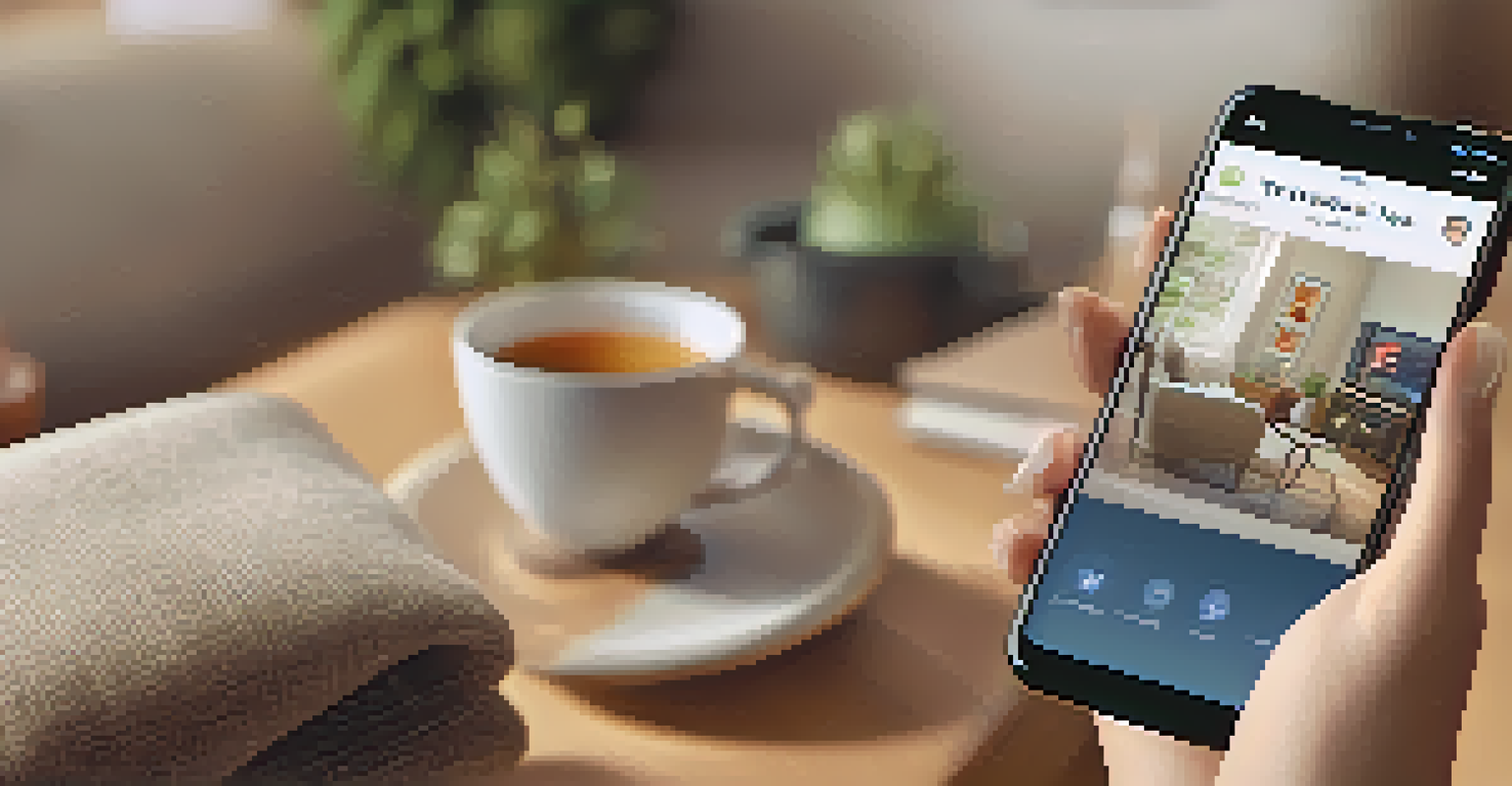 A person holding a smartphone with a telehealth app open, set in a cozy living room with a blanket and tea.