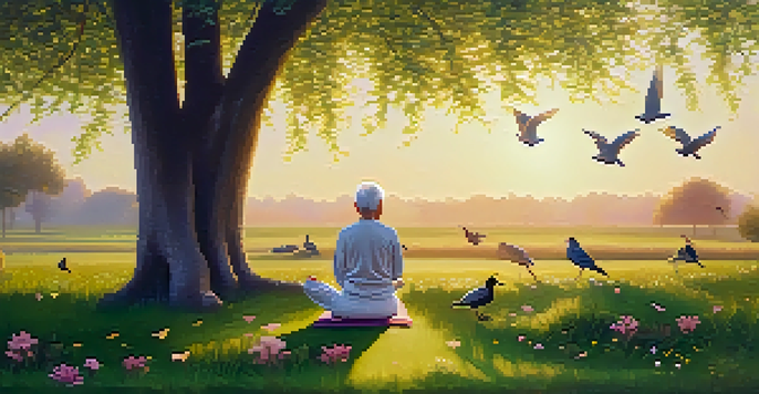 An elderly person practicing yoga outdoors at sunrise, surrounded by nature, flowers, and birds.