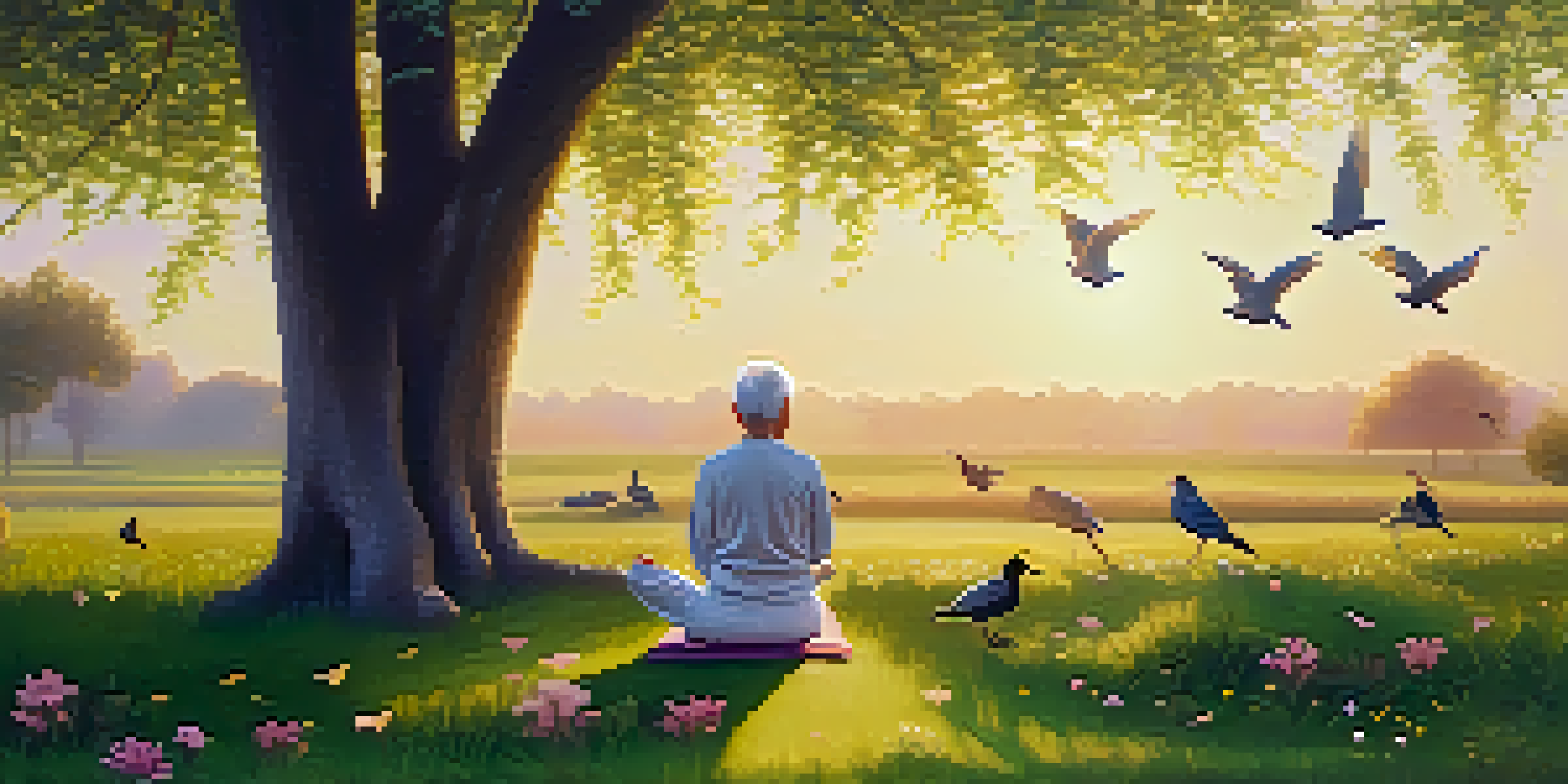 An elderly person practicing yoga outdoors at sunrise, surrounded by nature, flowers, and birds.