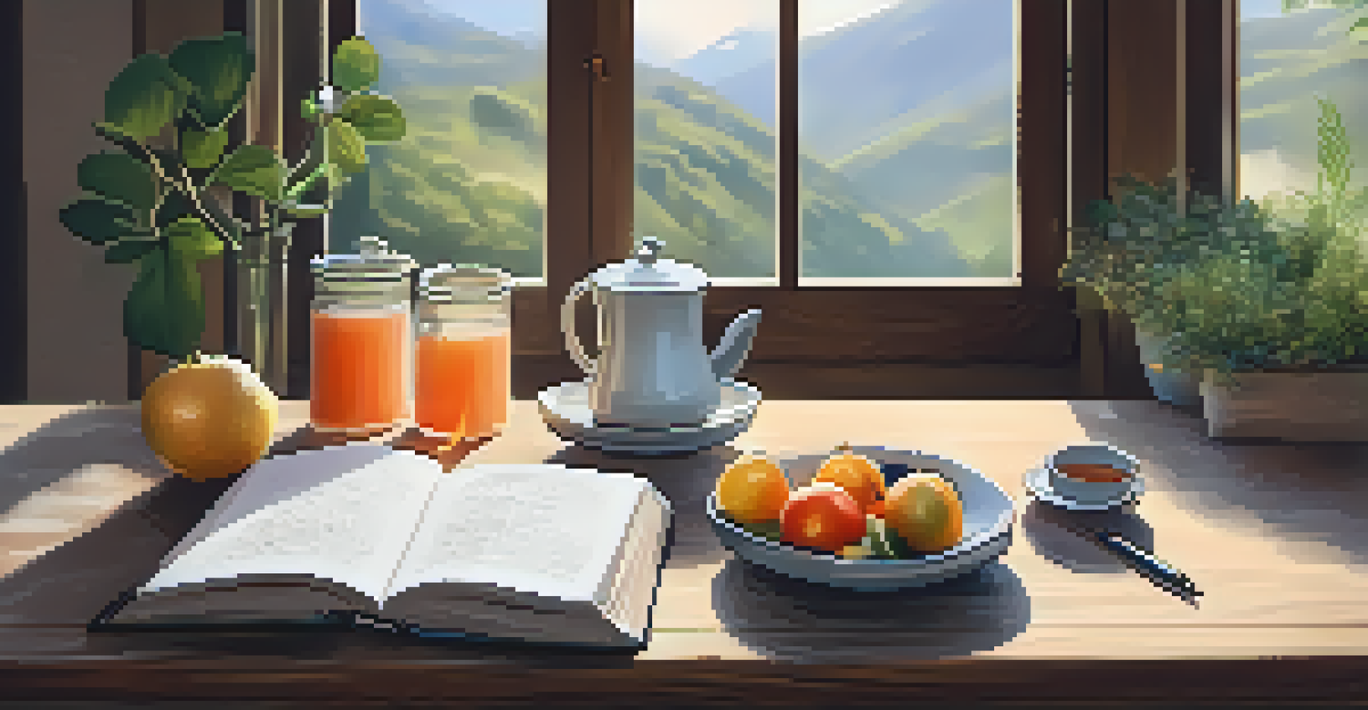 A cozy self-care setup with fruits, tea, a journal, and a candle on a wooden table.