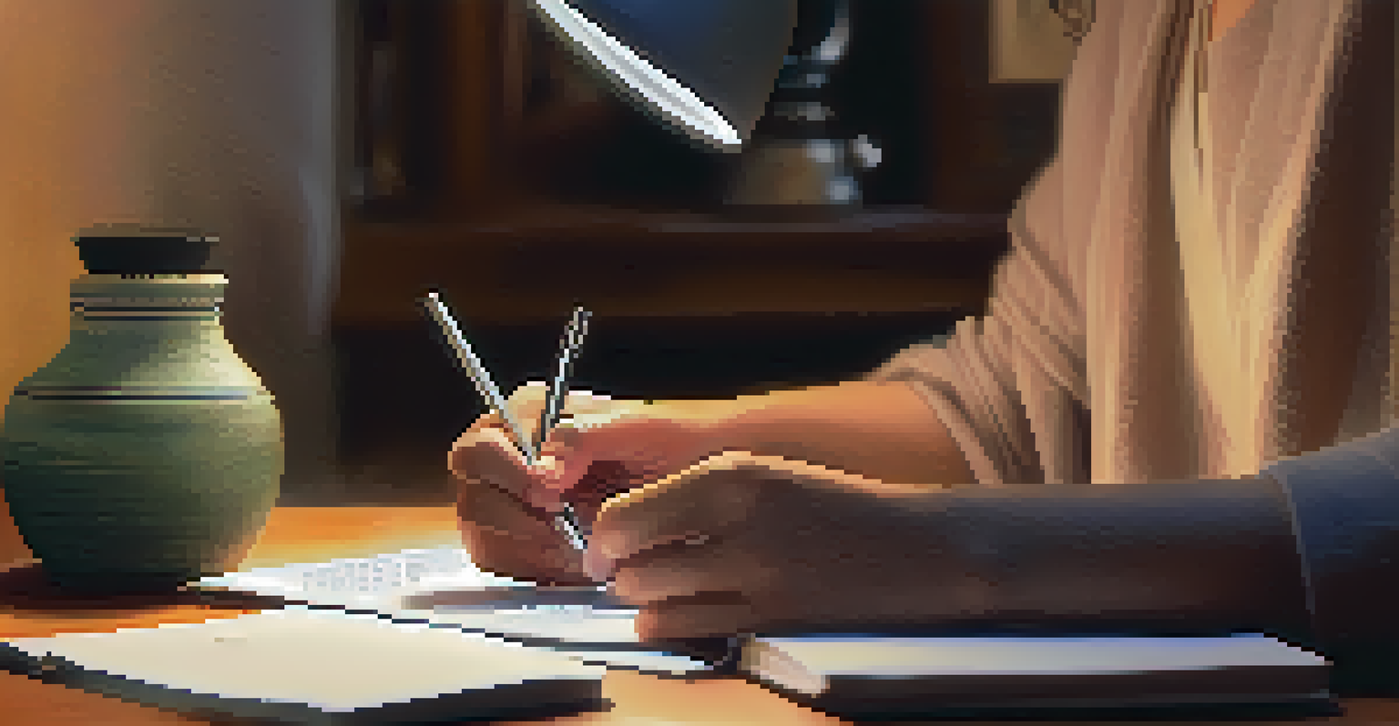 A person writing in a digital journal at a desk with a laptop and a cup of tea, illuminated by a warm desk lamp.