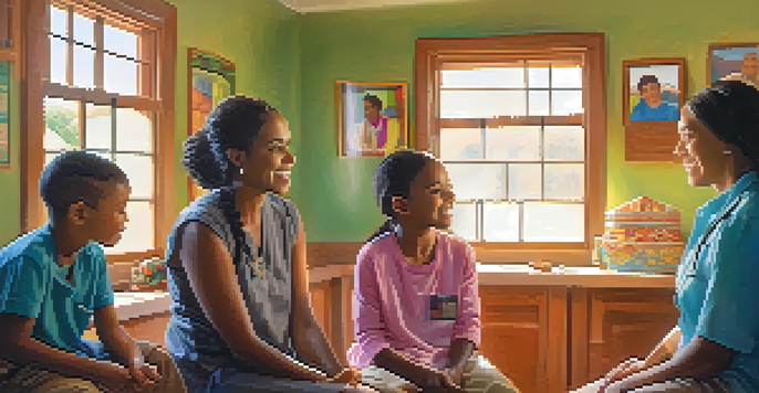A healthcare provider discussing treatment with a diverse family in a bright examination room filled with cultural artifacts.
