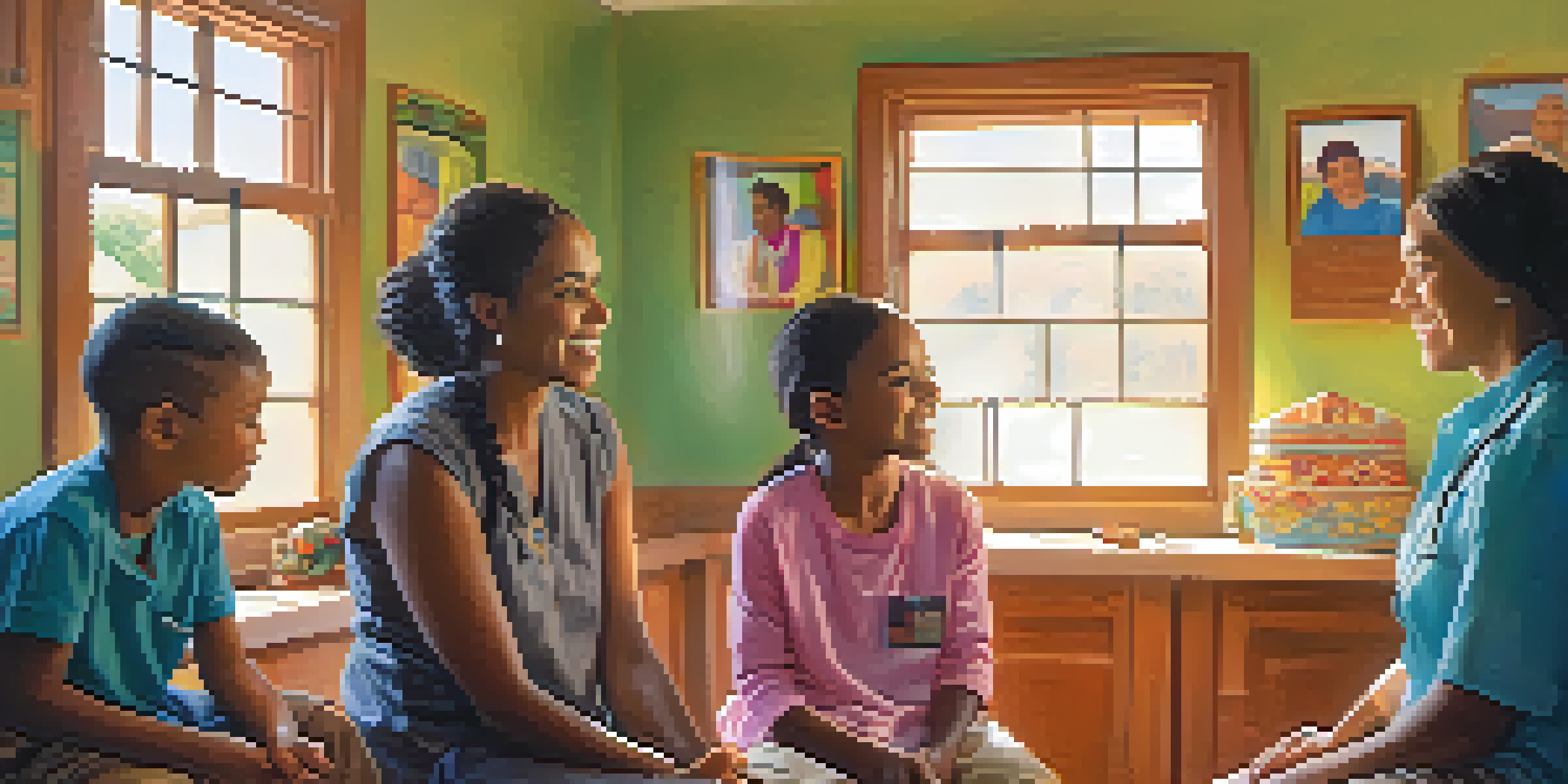 A healthcare provider discussing treatment with a diverse family in a bright examination room filled with cultural artifacts.