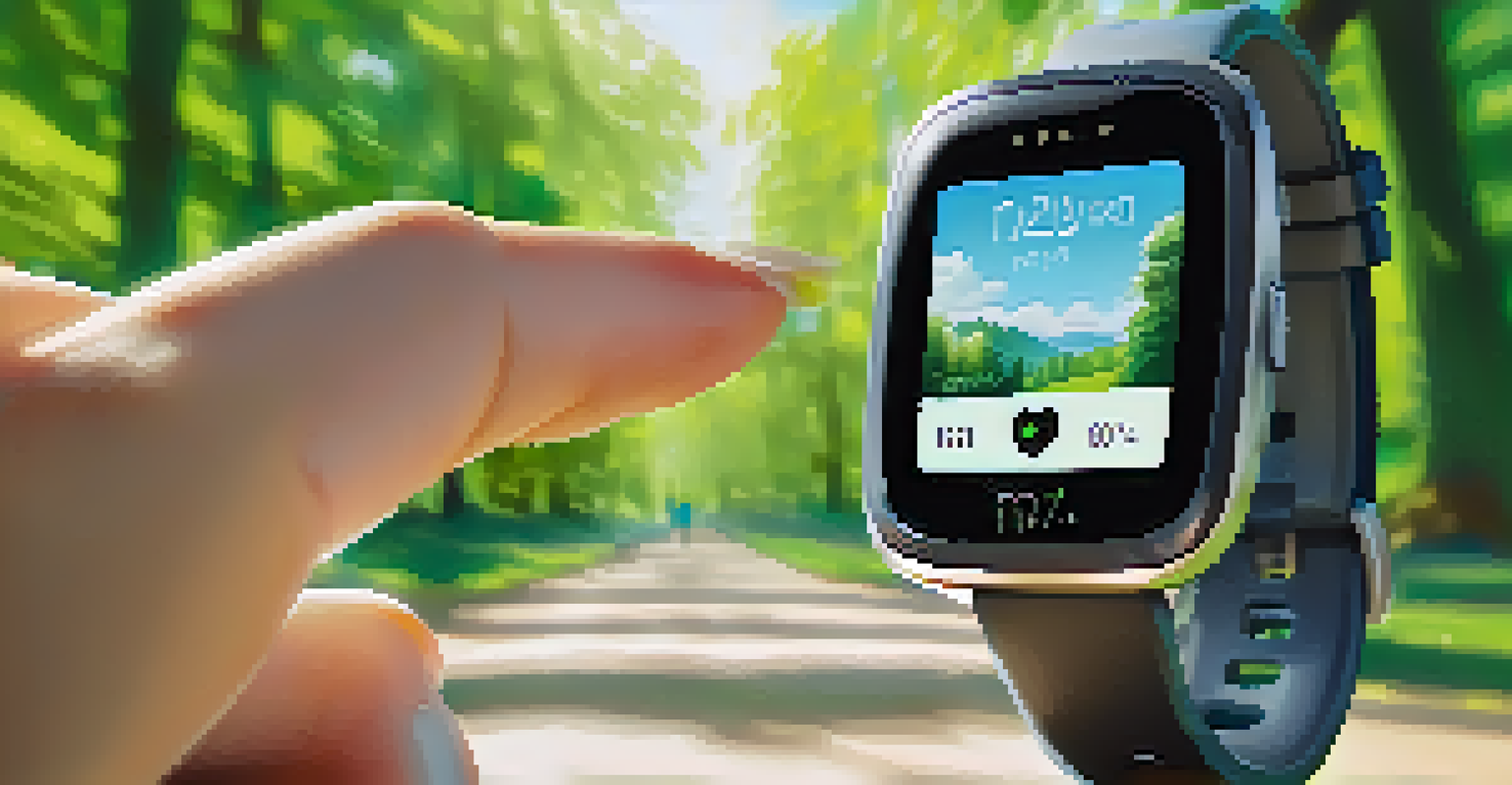 A close-up of a smartwatch on a young woman's wrist, showing health metrics while she jogs in a sunny park.