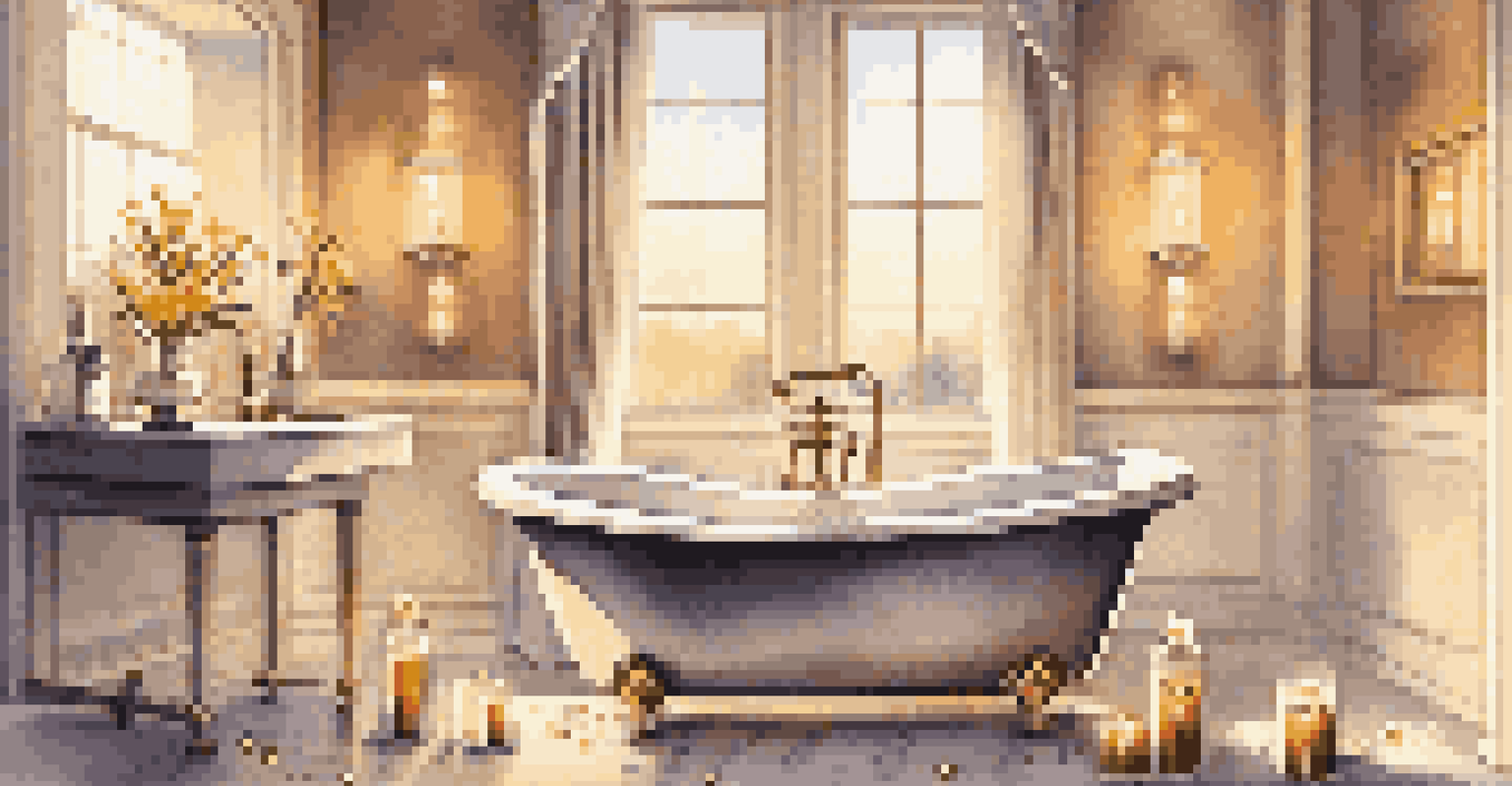 A luxurious bathroom with a bubble-filled bath, lit candles, and essential oil drops creating a serene and relaxing environment.