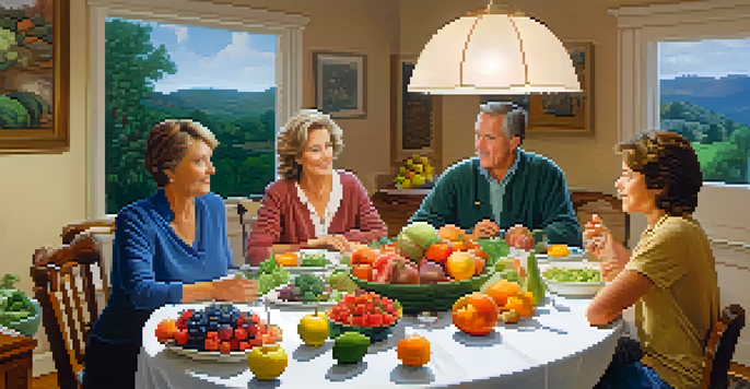 A family discussing health history at a dining table with fruits and vegetables, and a family tree chart in the background.