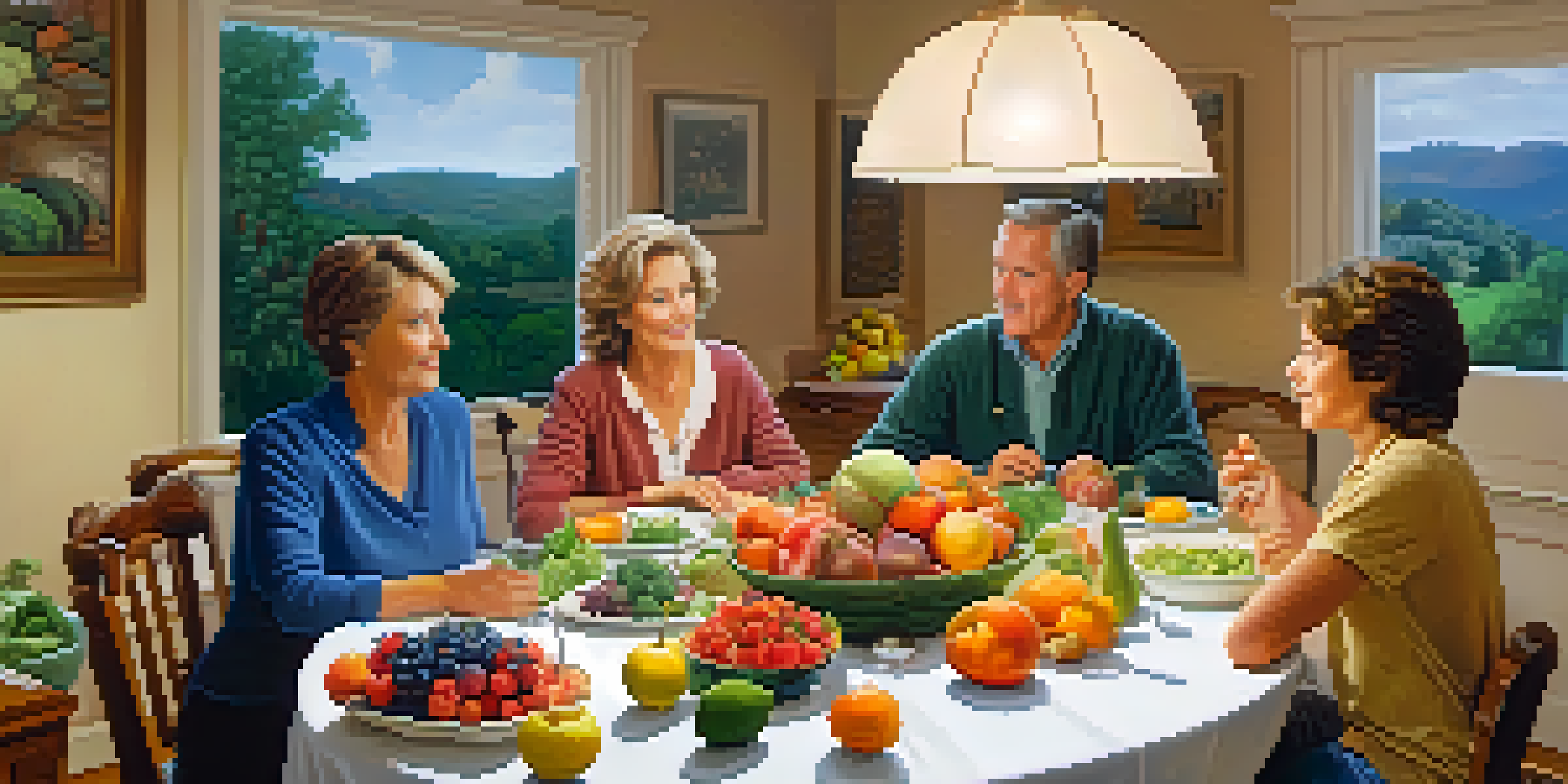 A family discussing health history at a dining table with fruits and vegetables, and a family tree chart in the background.