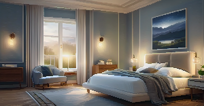A calming bedroom with a neatly made bed, warm lighting, and a cozy reading nook with a book and herbal tea.