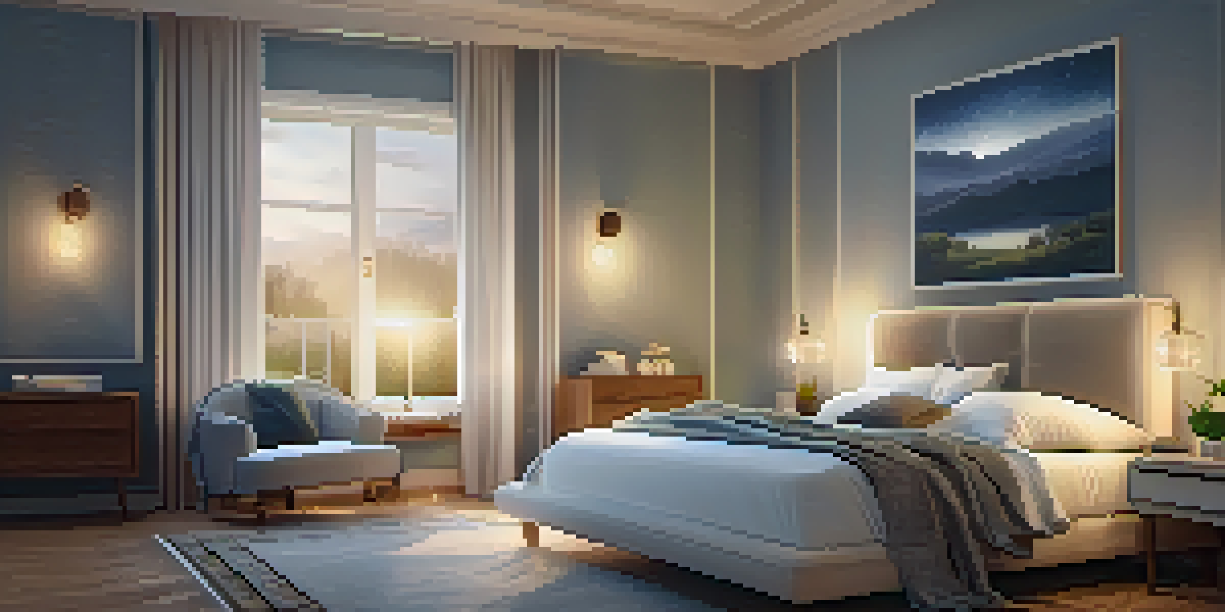 A calming bedroom with a neatly made bed, warm lighting, and a cozy reading nook with a book and herbal tea.